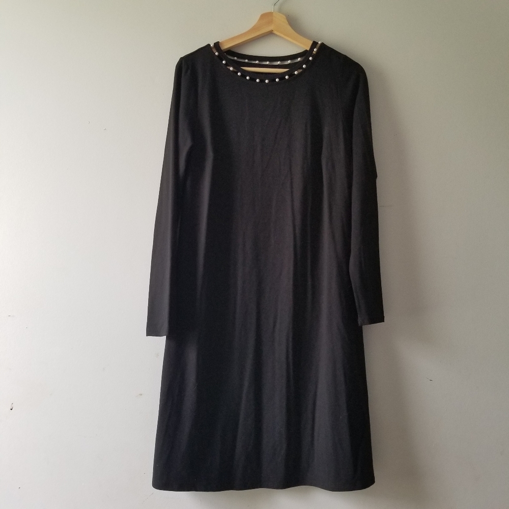 J Jill Wearever Collection Black Long Sleeve Dress Pearl Neckline Small - Picture 2 of 7